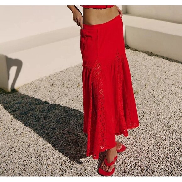 Free People Free-est Aimee Maxi Skirt Sheer Lace Tiered High Rise Red S 283580 - Picture 1 of 8